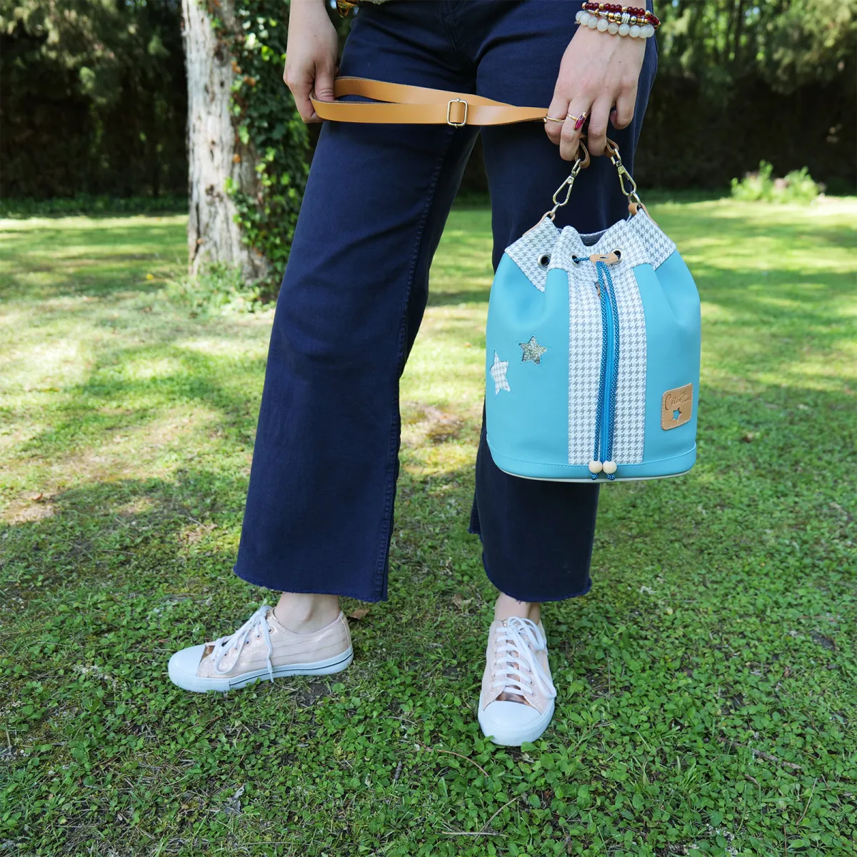 Sac seau Coton d'Avril ANGELE CUIR Ciel