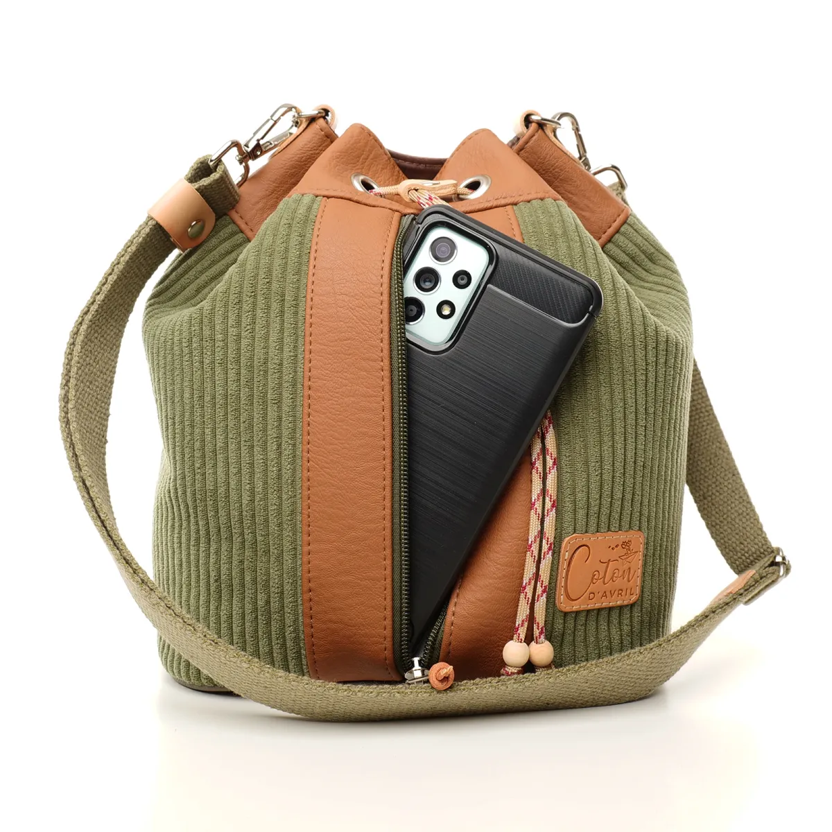 Sac seau Coton d'Avril ANGELE Velours kaki