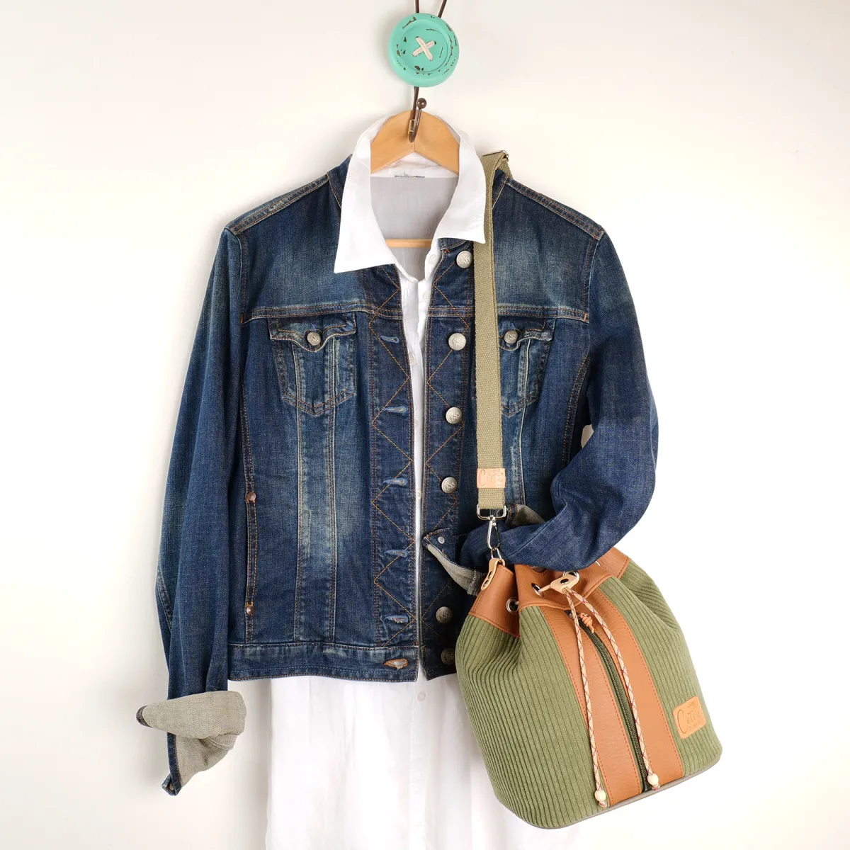 Sac seau Coton d'Avril ANGELE Velours kaki