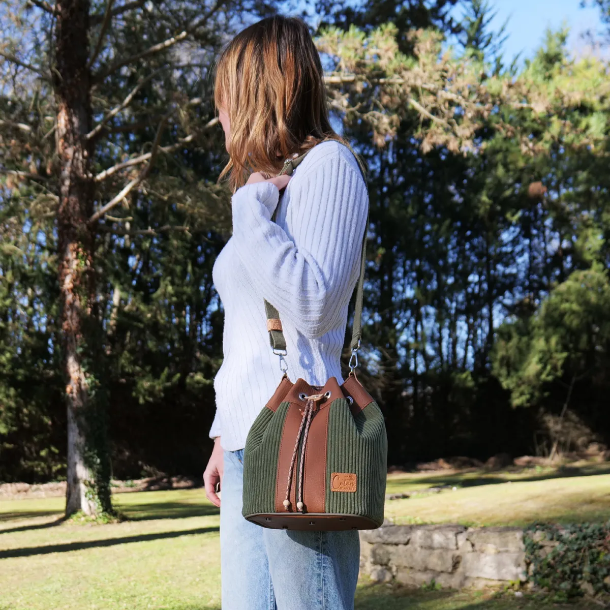 Sac seau Coton d'Avril ANGELE Velours kaki