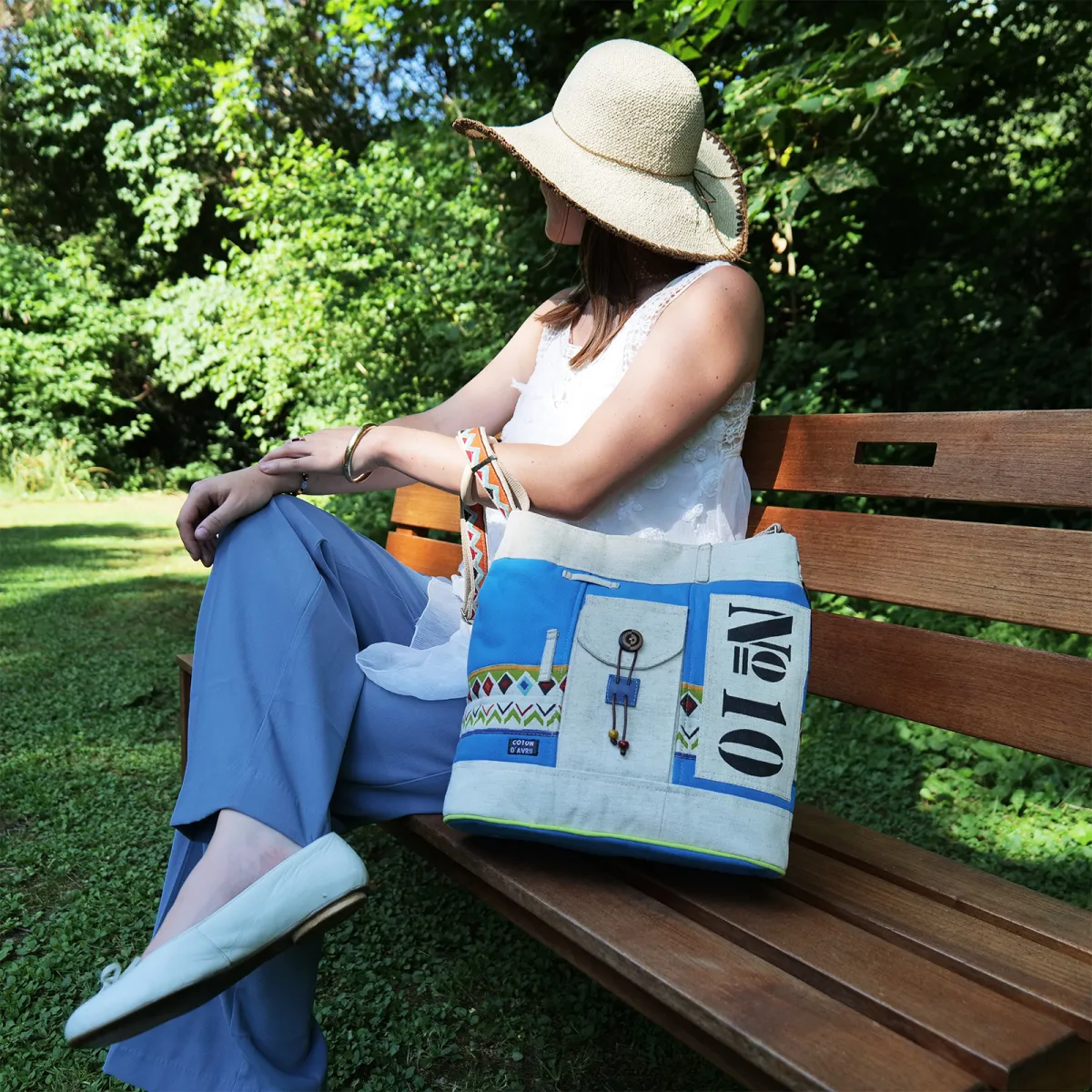 Sac seau Coton d'Avril N°10 Ecru Turquoise