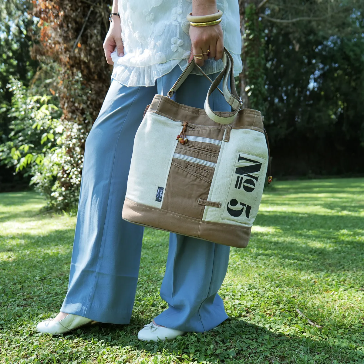 Sac seau Coton d'Avril N°5 Marron Ecru