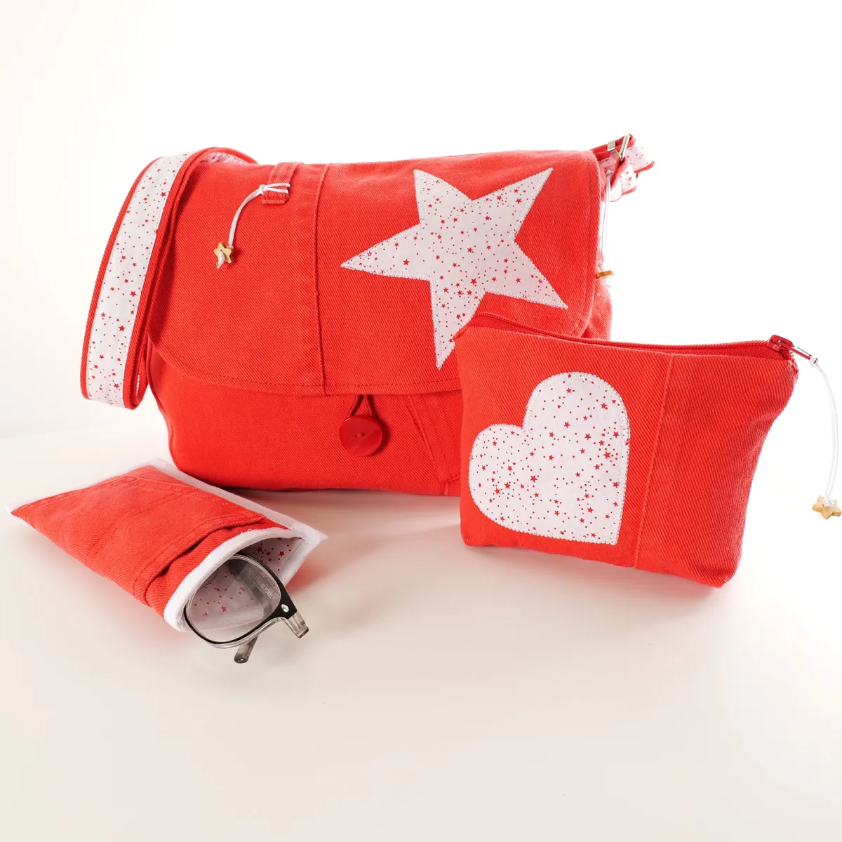 Ensemble Coton d'Avril Besace Pochette Etui Lunettes Jeans Rouge