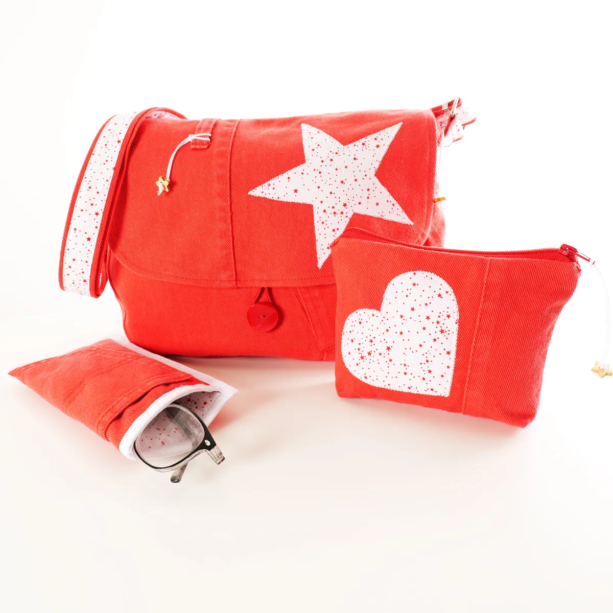 Ensemble Coton d'Avril Besace Pochette Etui Lunettes Jeans Rouge