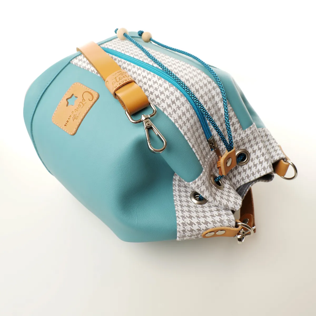 Sac seau Coton d'Avril ANGELE CUIR Ciel