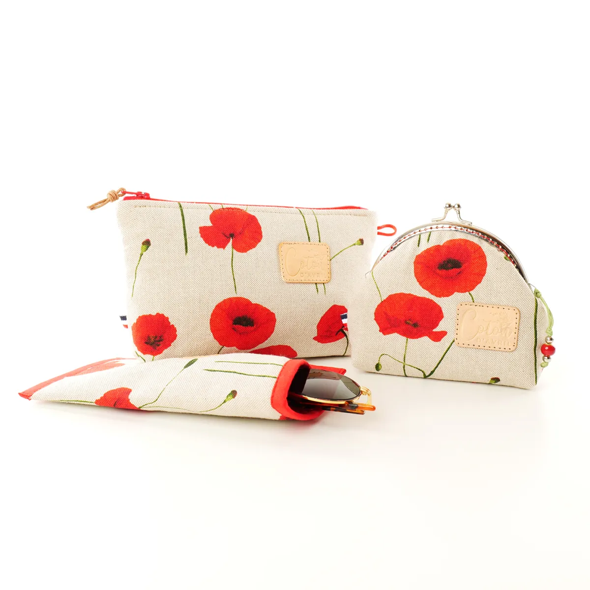 Ensemble pochette trousse étui à lunettes Coton d'Avril Coquelicot