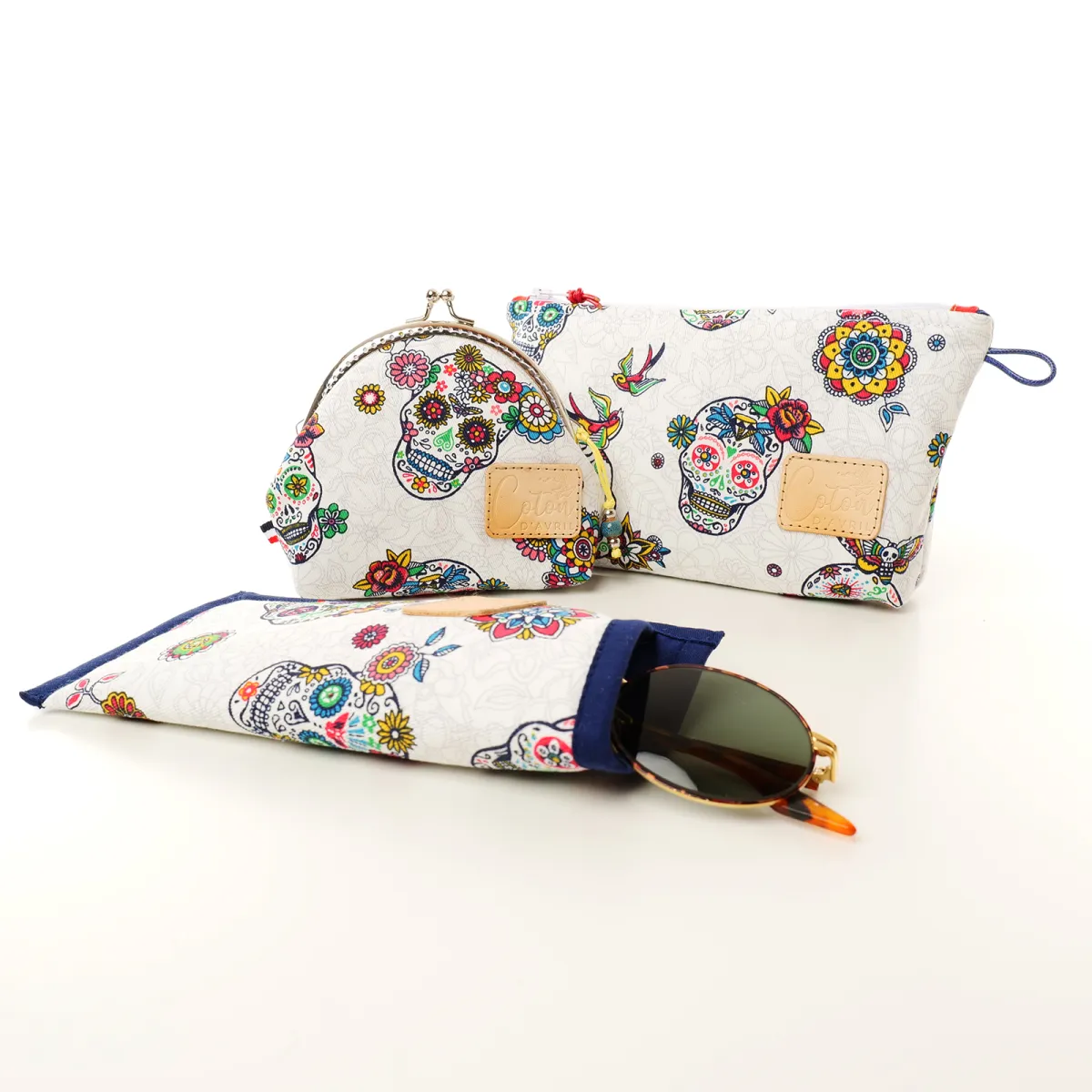 Ensemble pochette trousse étui à lunettes Coton d'Avril Calavera