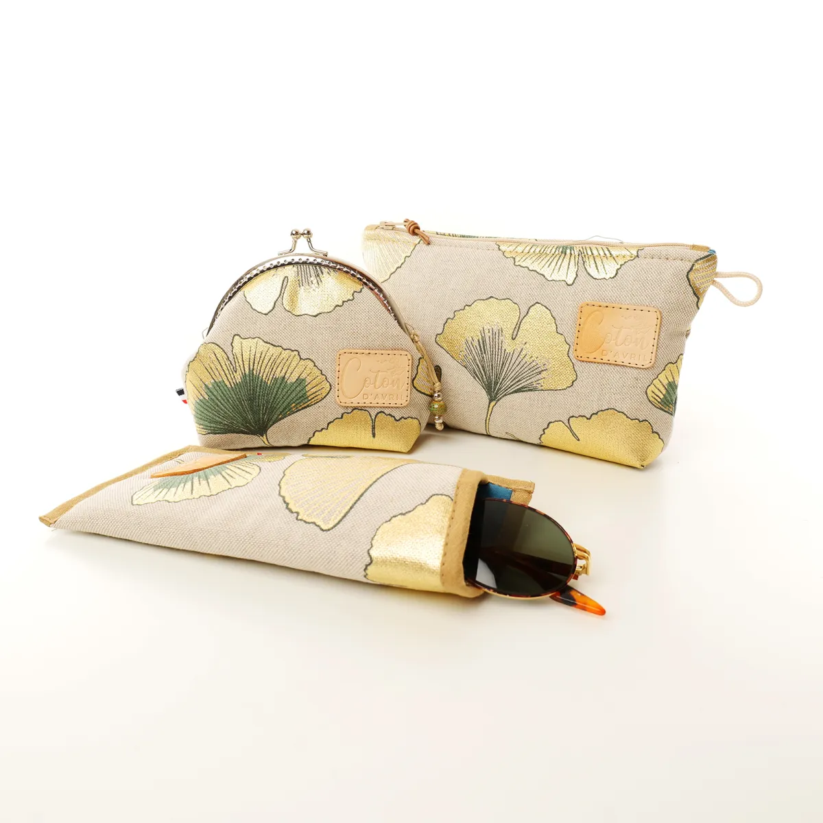 Ensemble pochette trousse étui à lunettes Coton d'Avril Ginkgo or