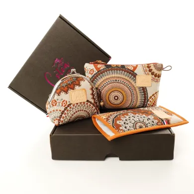 Ensemble pochette trousse étui à lunettes Coton d'Avril Mandala marron