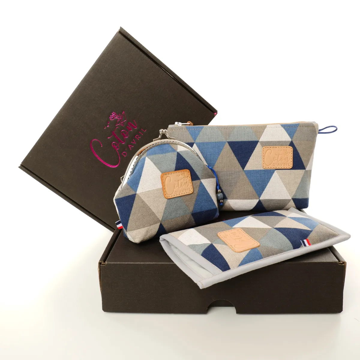 Ensemble pochette trousse étui à lunettes Coton d'Avril Triangles