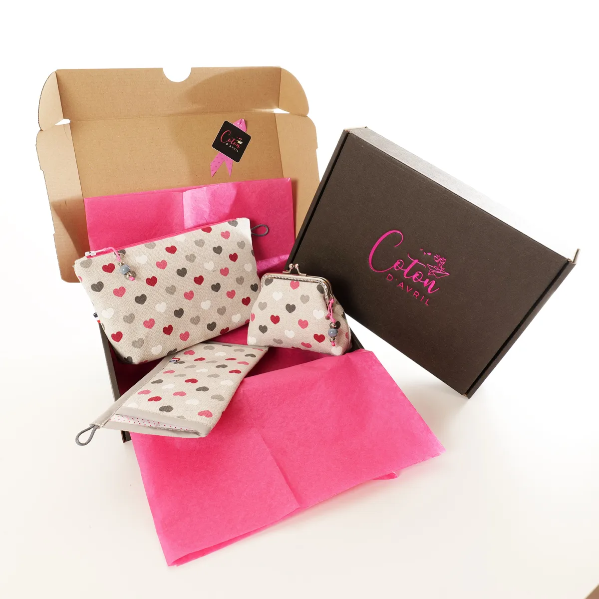 Ensemble 3 Pochettes Coton d'Avril Cœurs